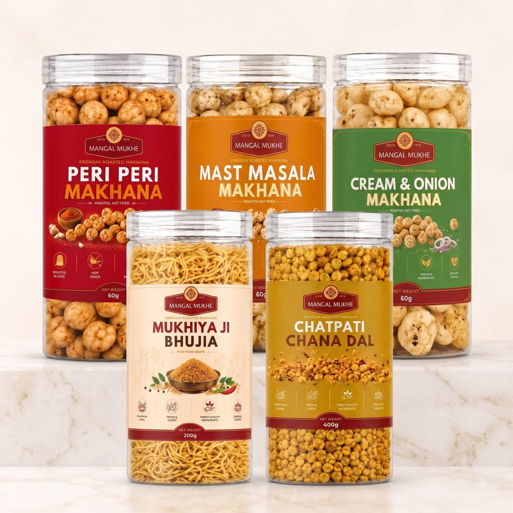 The Complete Collection — Peri Peri Makhana, Mast Masala Makhana, Cream & Onion Makhana, Mukhiya Ji Bhujia, Chatpati Chana Dal