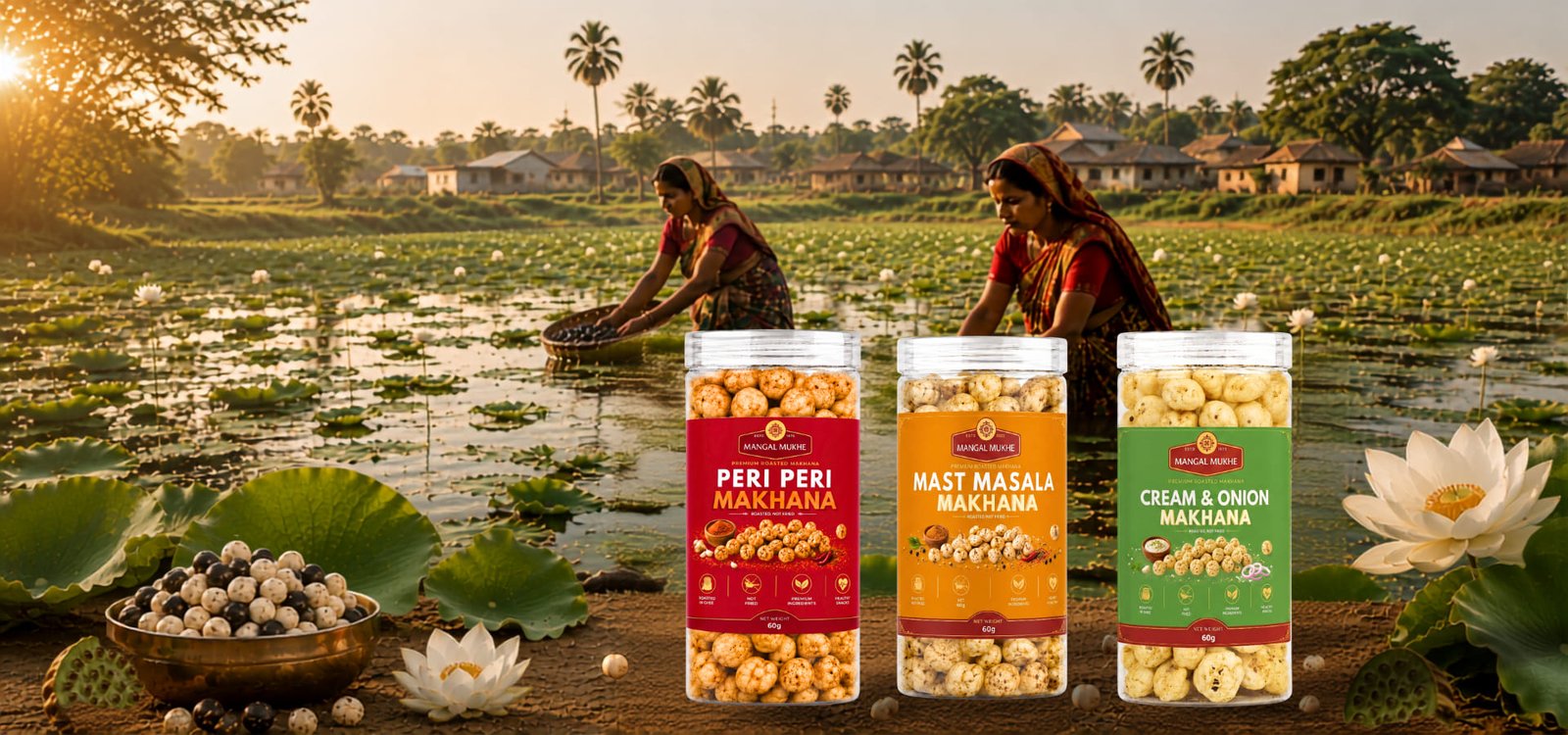 Makhana harvested by hand from a lotus pond in Bihar, with Mangal Mukhe makhana jars in the foreground