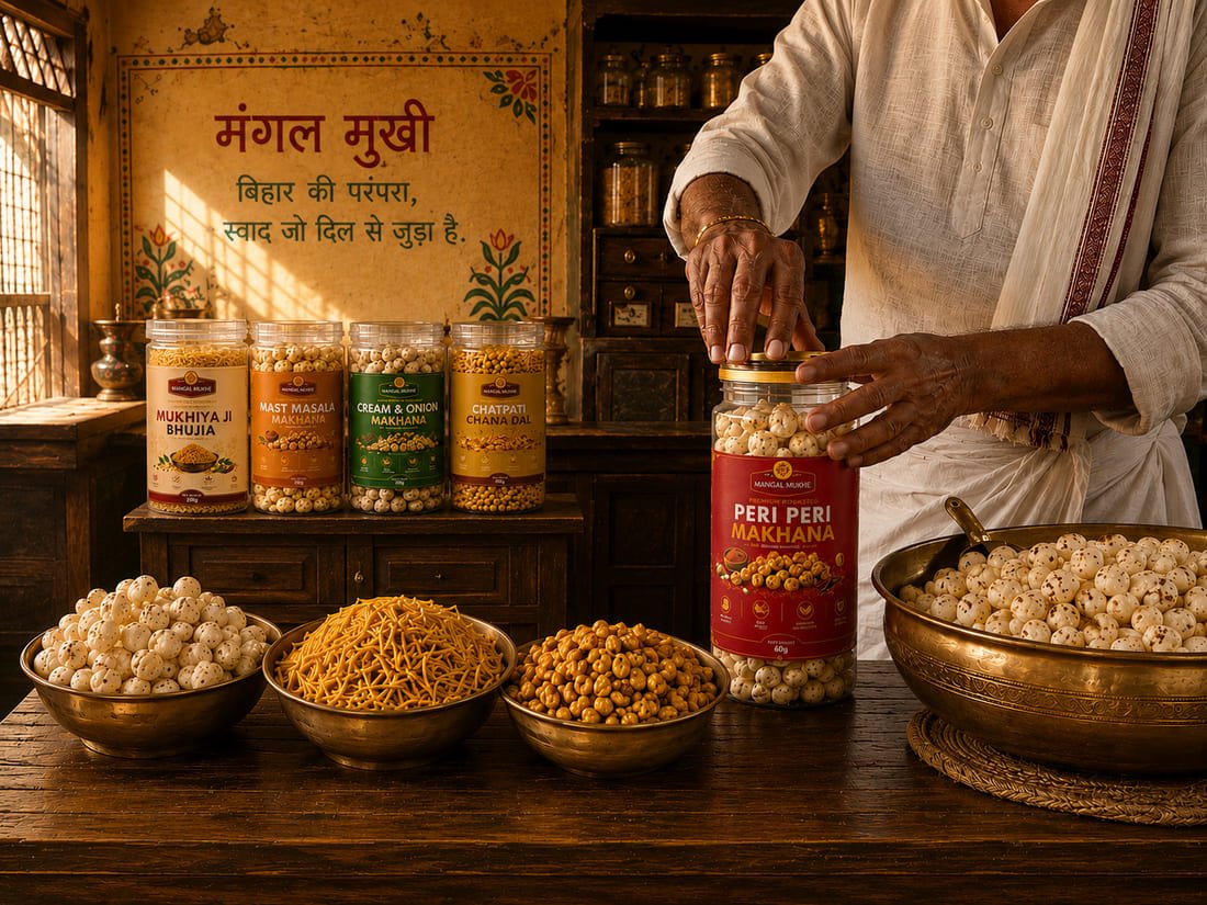 The Mangal Mukhe counter in Patna: jars of makhana, bhujia and chana dal beside brass bowls
