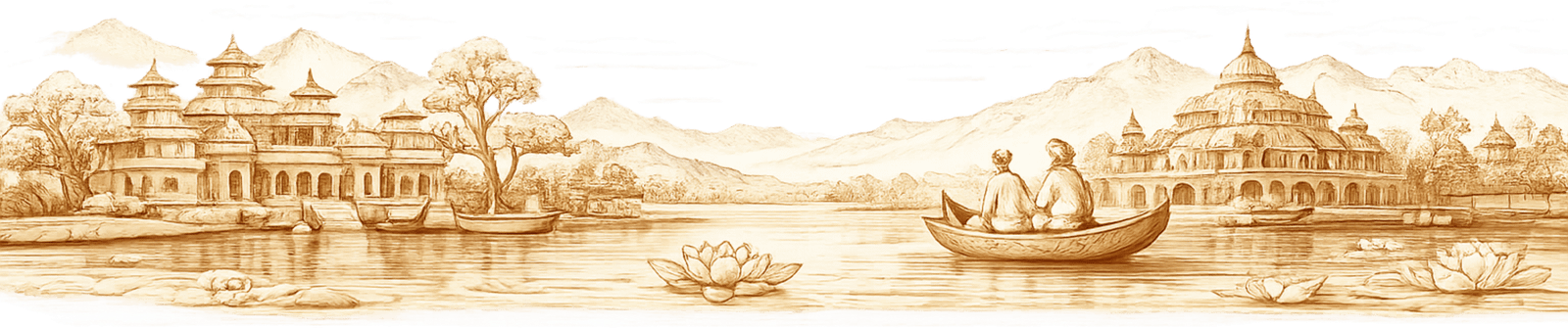 Line drawing of a Bihari riverside: temples, a boat on lotus water and village homes