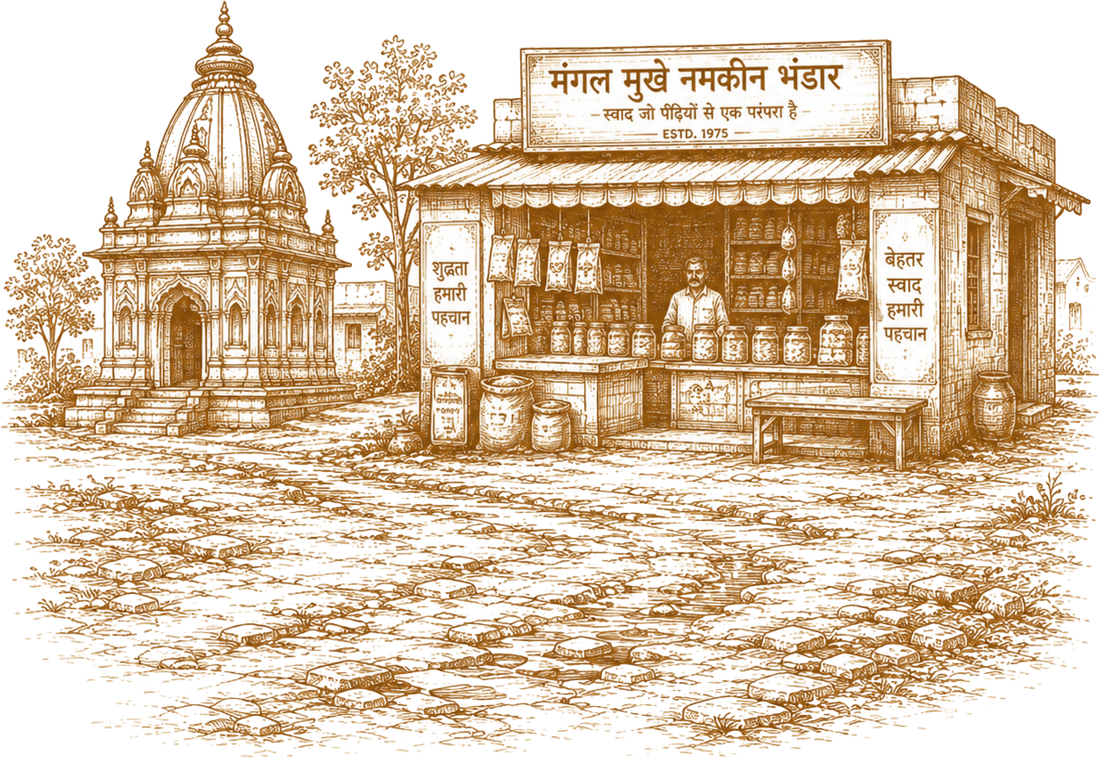 Line drawing of the original Mangal Mukhe namkeen shop in Patna, established 1975, beside a temple