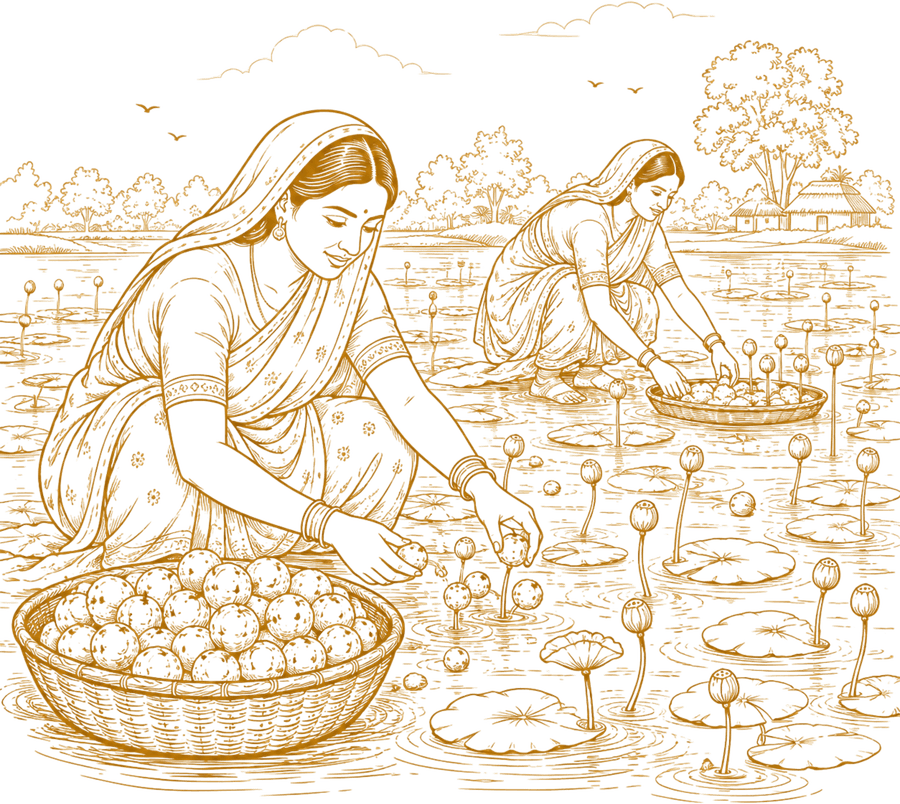 Line drawing of women harvesting makhana by hand from a lotus pond in Bihar